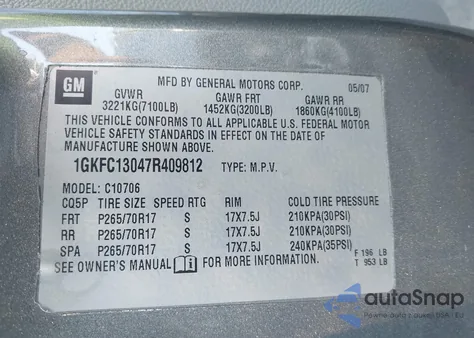 2007 GMC Yukon Slt from USA, damaged, VIN 1GKFC13047R409812